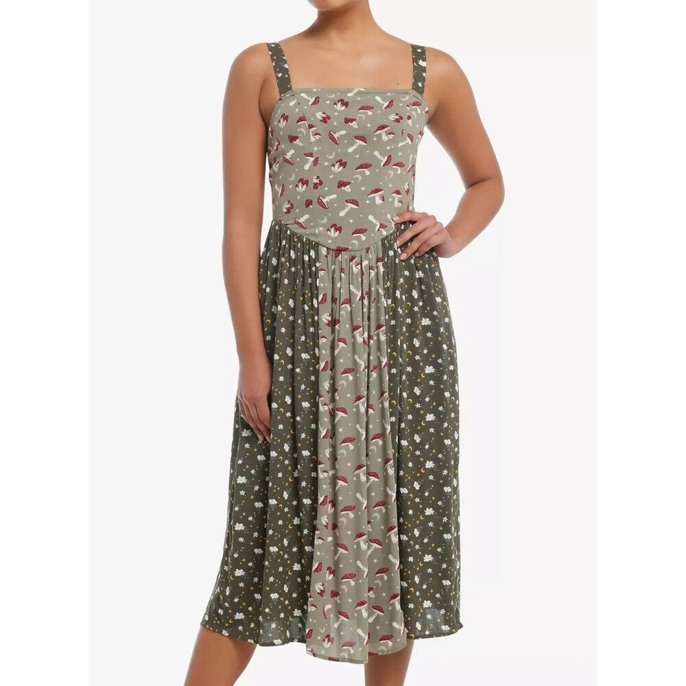 Thorn & Fable Mushroom & Crescent Moon Green Color Block Midi Cami Dress S Fairy